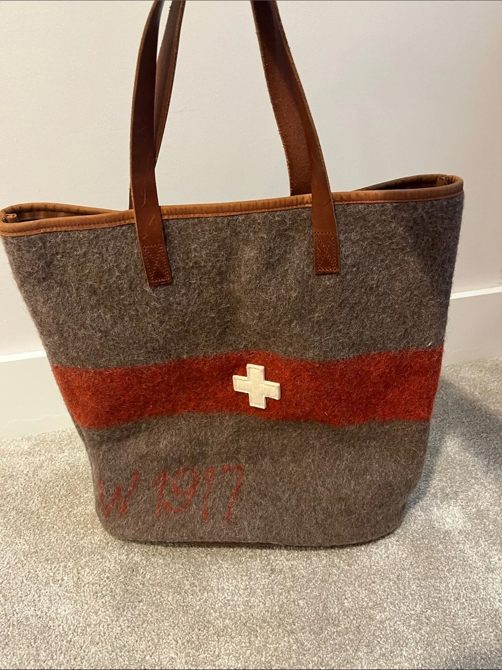 Karlen Swiss Tote in Gray with Rust Stripe and Cream Cross Accent
